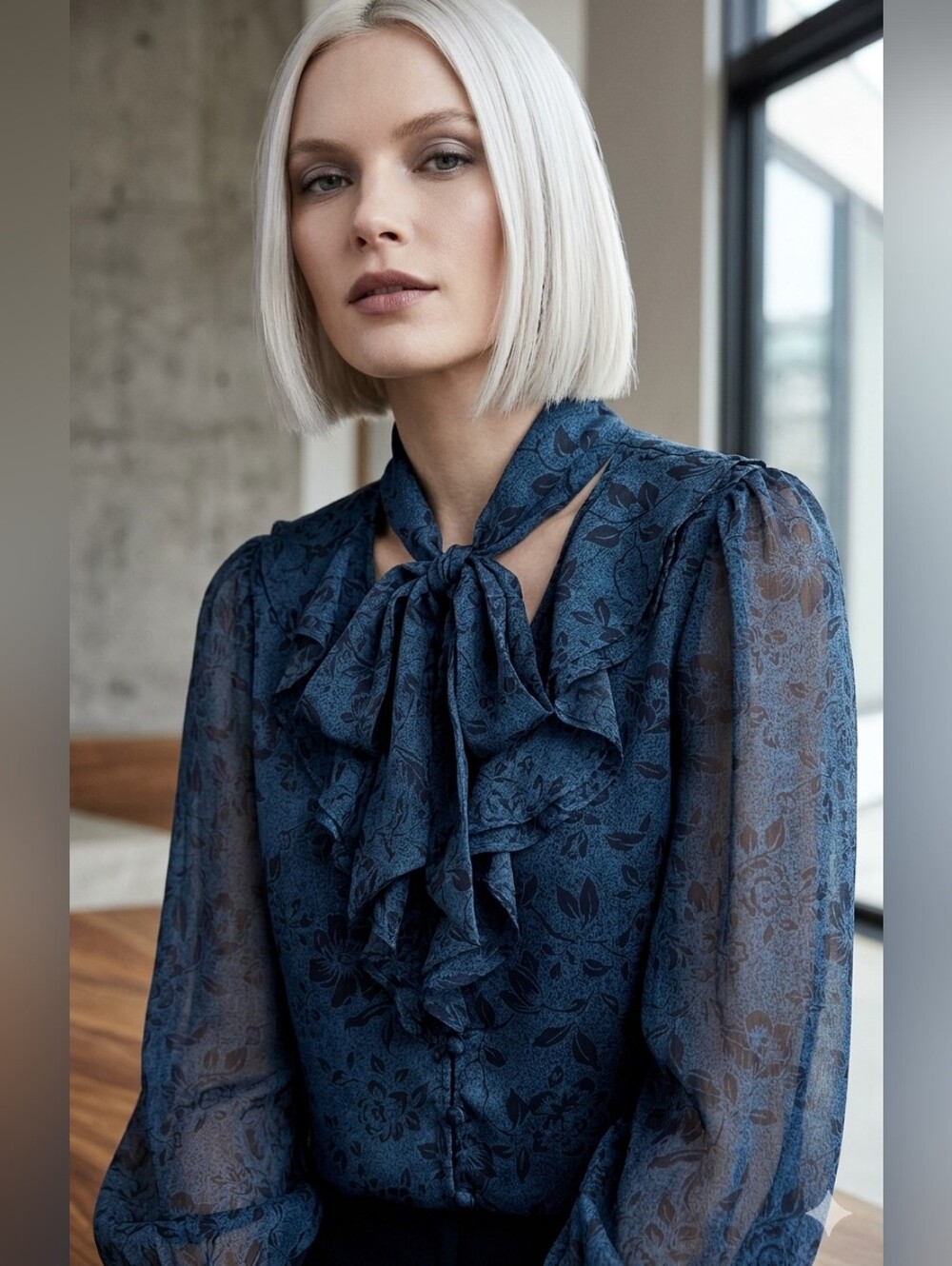 Ann Taylor Blue Floral Ruffle Tie-Neck Blouse with Navy Print